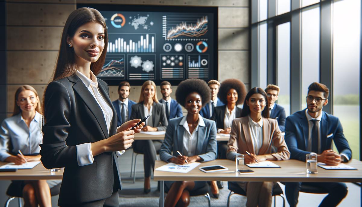 A professional woman in a business suit speaking at a conference with a diverse audience listening attentively