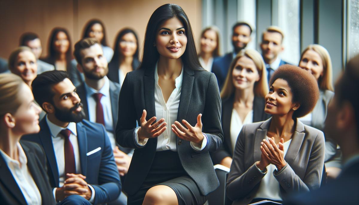 A professional woman in a business suit speaking at a conference with a diverse audience listening attentively