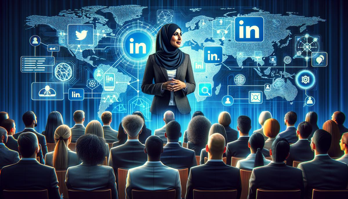 A professional executive giving a presentation at a conference with a digital backdrop and audience listening attentively