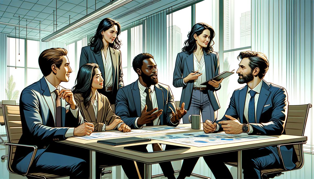 A diverse group of executives in a modern office setting engaged in a discussion
